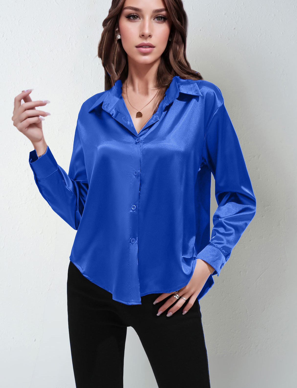 Satin Shirt Women's Satin Imitation Silk Long-Sleeved Amazon's Popular Solid Color Top Elegant Button-Down Lapel Shirt