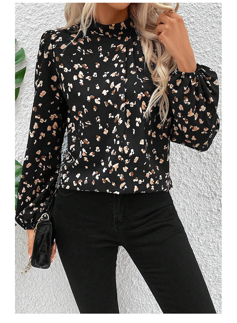Trendy European and American Fashion Leopard Print Chiffon Blouse for Women Early Autumn New Stylish Commuter Stand Collar Long Sleeve Pullover Top