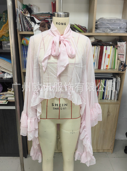 European and American women's fashion sexy perspective blouse top 2025 summer new horn sleeve design French lace
