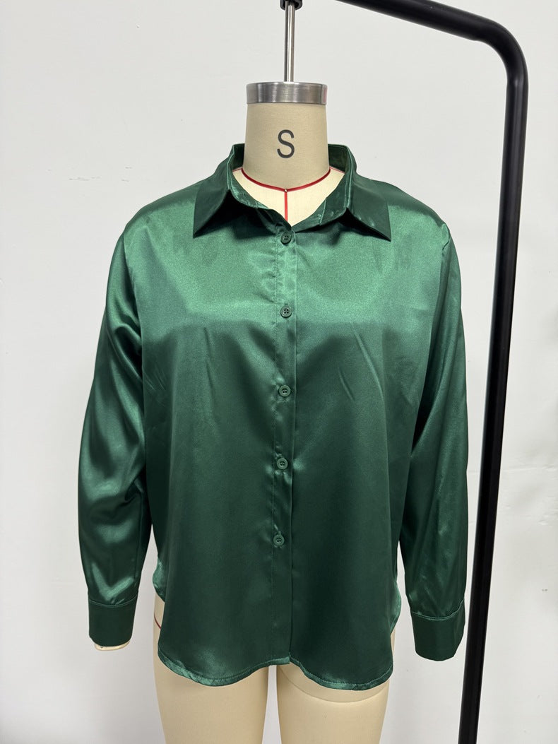 Satin Shirt Women's Satin Imitation Silk Long-Sleeved Amazon's Popular Solid Color Top Elegant Button-Down Lapel Shirt