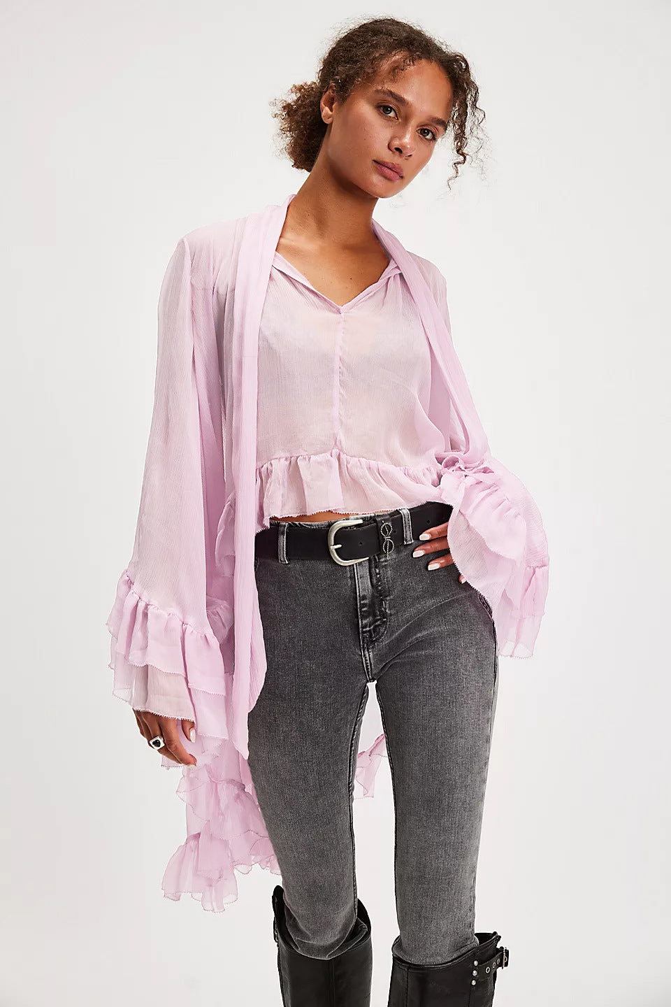 European and American women's fashion sexy perspective blouse top 2025 summer new horn sleeve design French lace