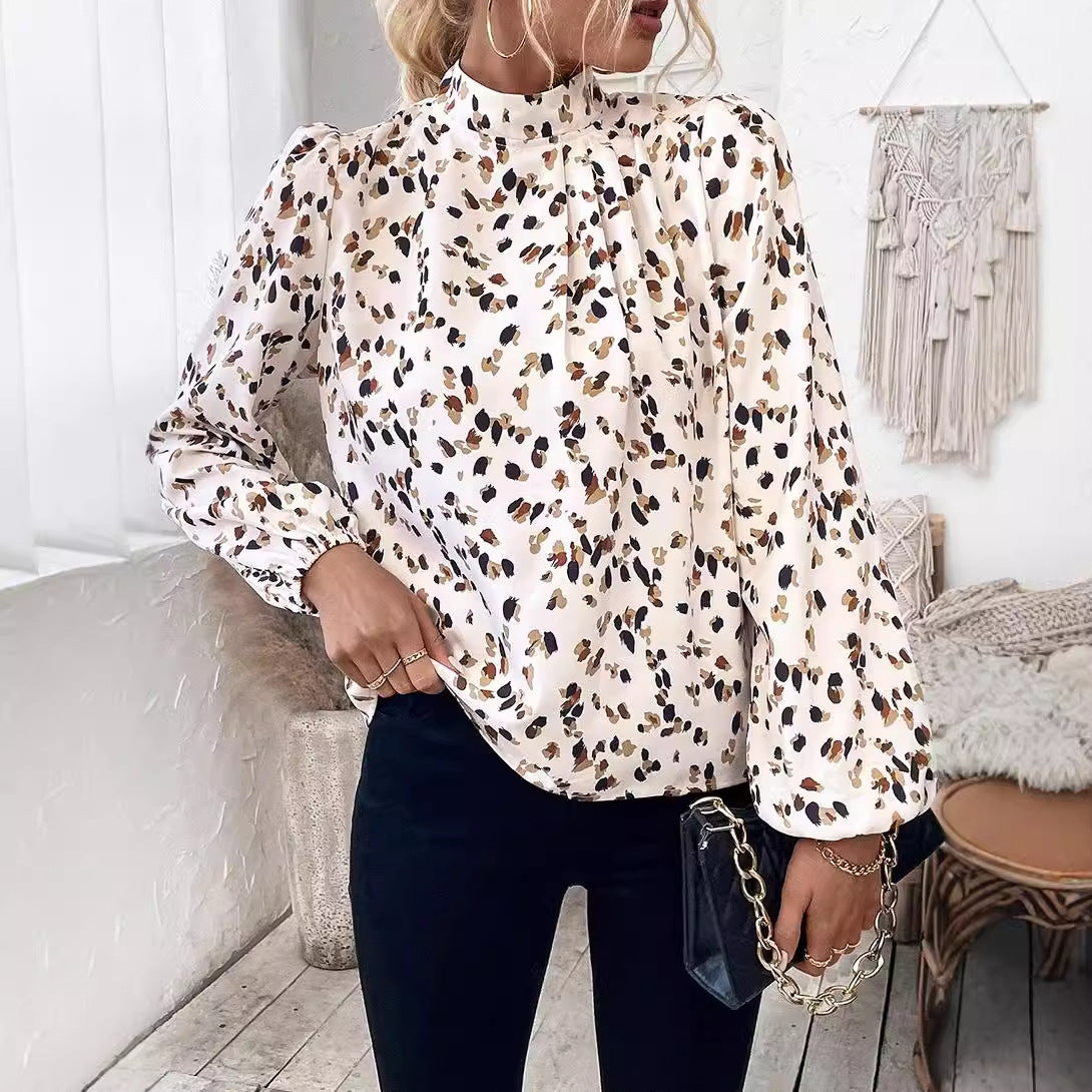 Trendy European and American Fashion Leopard Print Chiffon Blouse for Women Early Autumn New Stylish Commuter Stand Collar Long Sleeve Pullover Top