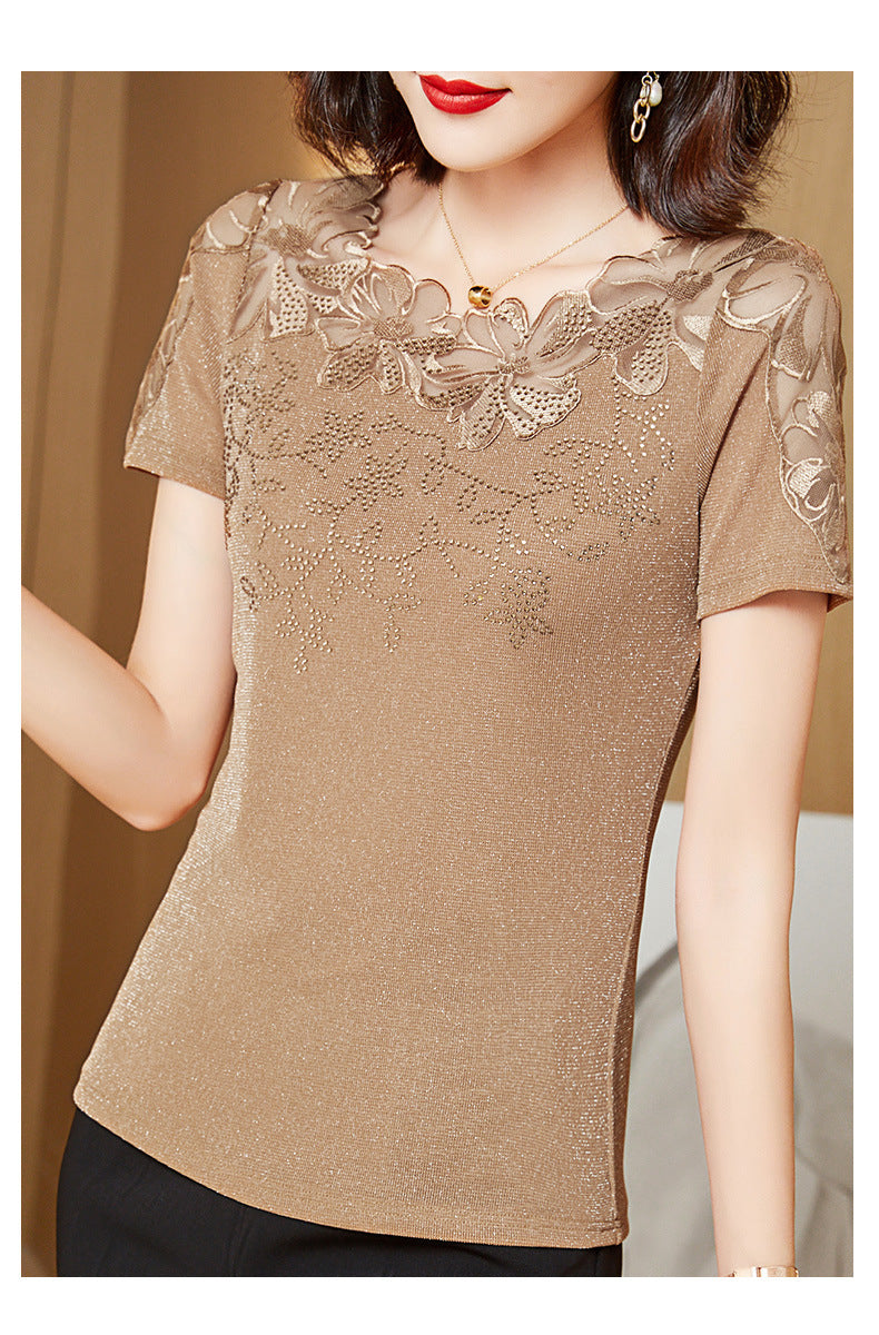 Summer New Lace Blouse, Stylish Diamond-Embroidered Short-Sleeved Women's Top, T-Shirt, Gauze Blouse