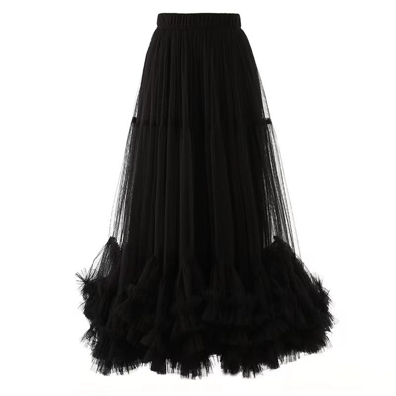 Autumn Heavy Industry Fungus Edge Splicing Large Hem Tutu Skirt High Waist A-Line Fairy Elegant Cake Skirt Mesh Skirt