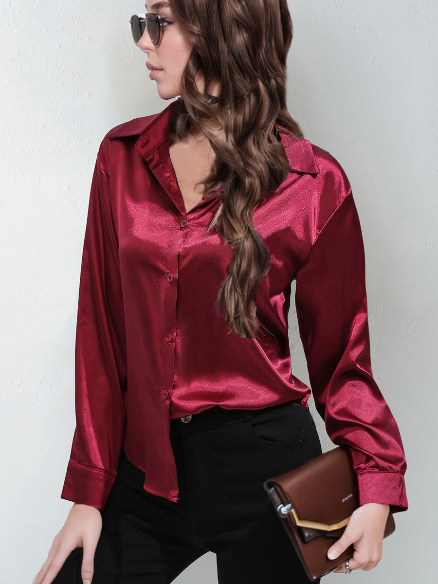 Satin Shirt Women's Satin Imitation Silk Long-Sleeved Amazon's Popular Solid Color Top Elegant Button-Down Lapel Shirt