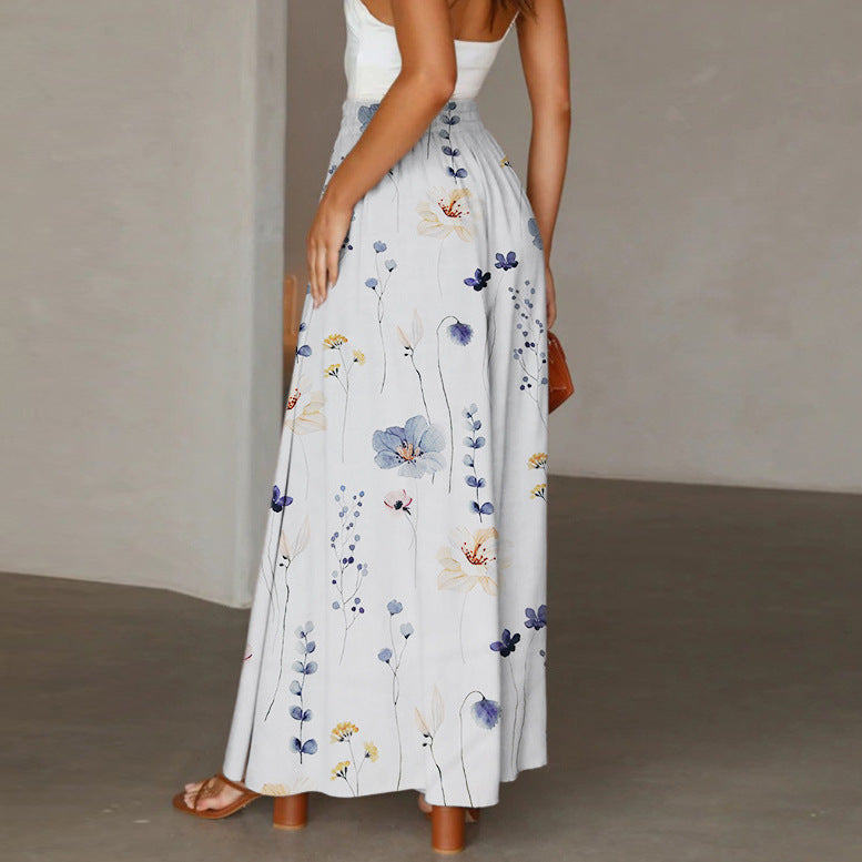 Cross-border Amazon European and American Spring and Autumn Flower Printed Casual Loose Pants Pocket Staggered Waist Elegant Wide Leg Pants