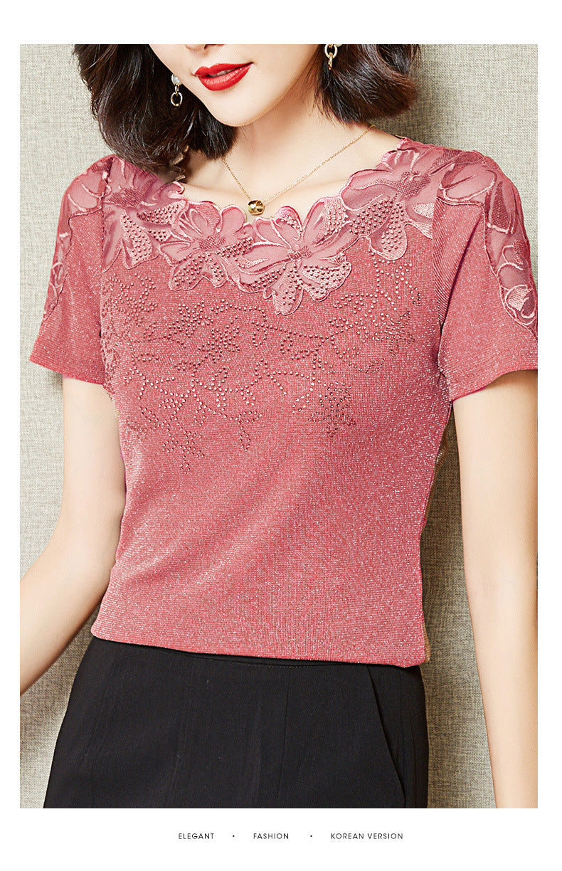 Summer New Lace Blouse, Stylish Diamond-Embroidered Short-Sleeved Women's Top, T-Shirt, Gauze Blouse