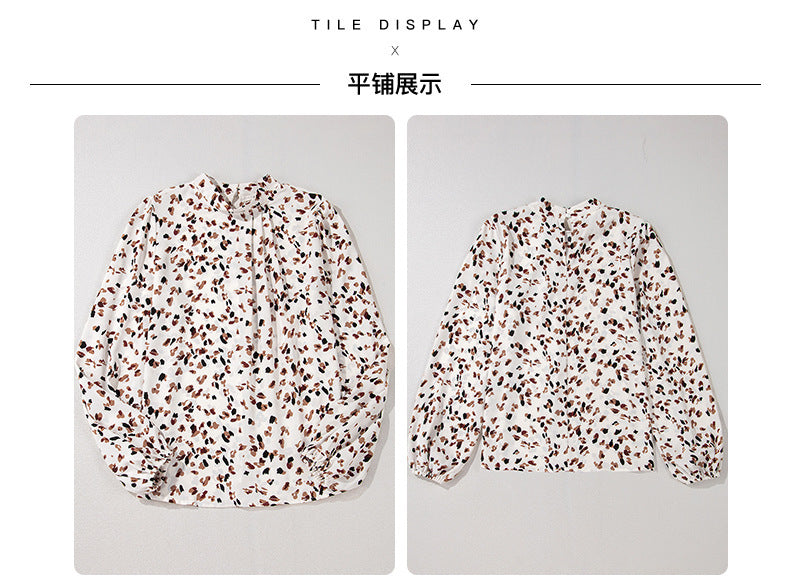 Trendy European and American Fashion Leopard Print Chiffon Blouse for Women Early Autumn New Stylish Commuter Stand Collar Long Sleeve Pullover Top