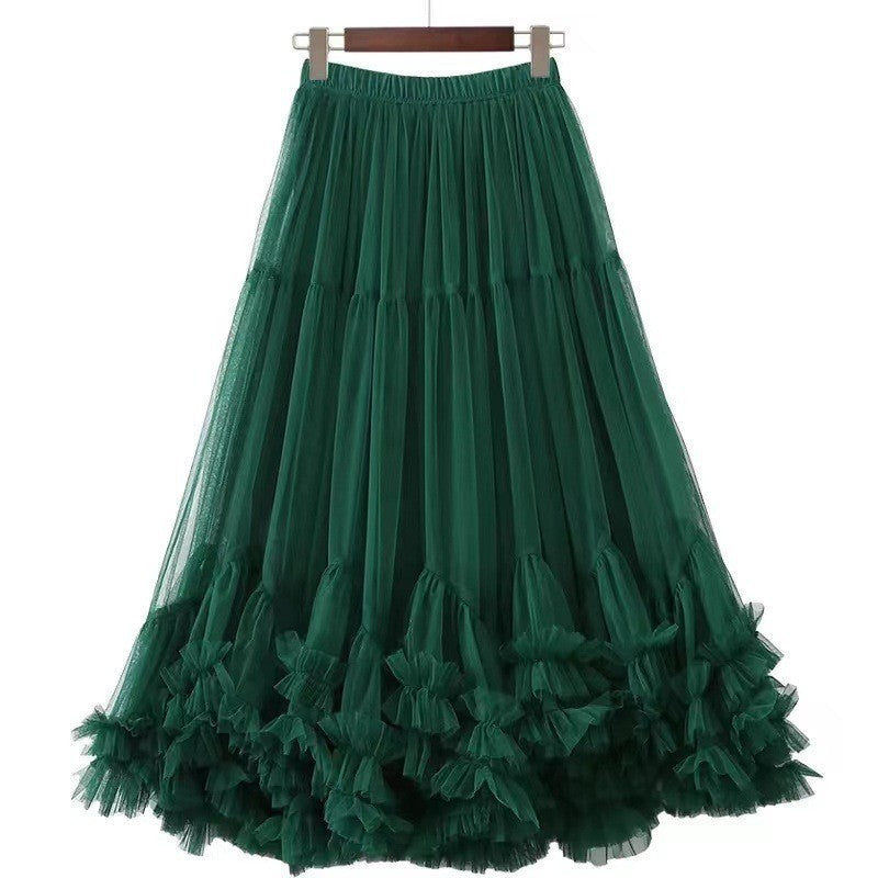 Autumn Heavy Industry Fungus Edge Splicing Large Hem Tutu Skirt High Waist A-Line Fairy Elegant Cake Skirt Mesh Skirt