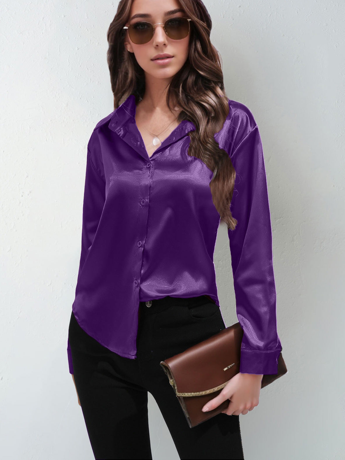 Satin Shirt Women's Satin Imitation Silk Long-Sleeved Amazon's Popular Solid Color Top Elegant Button-Down Lapel Shirt