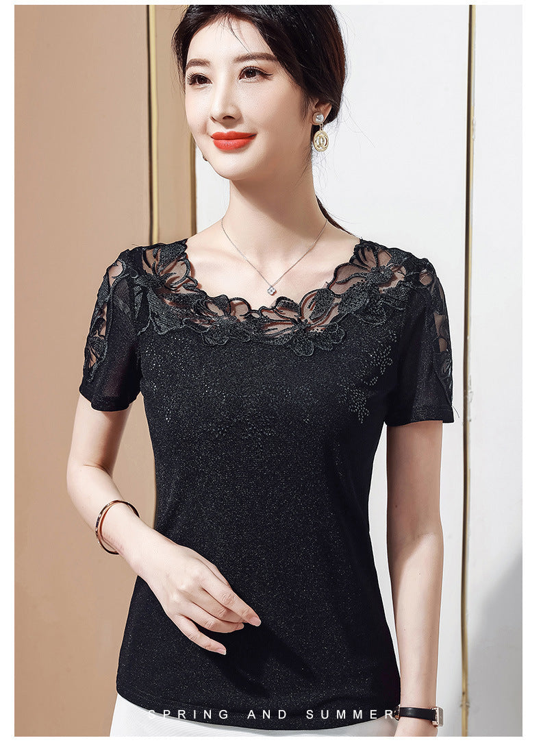 Summer New Lace Blouse, Stylish Diamond-Embroidered Short-Sleeved Women's Top, T-Shirt, Gauze Blouse