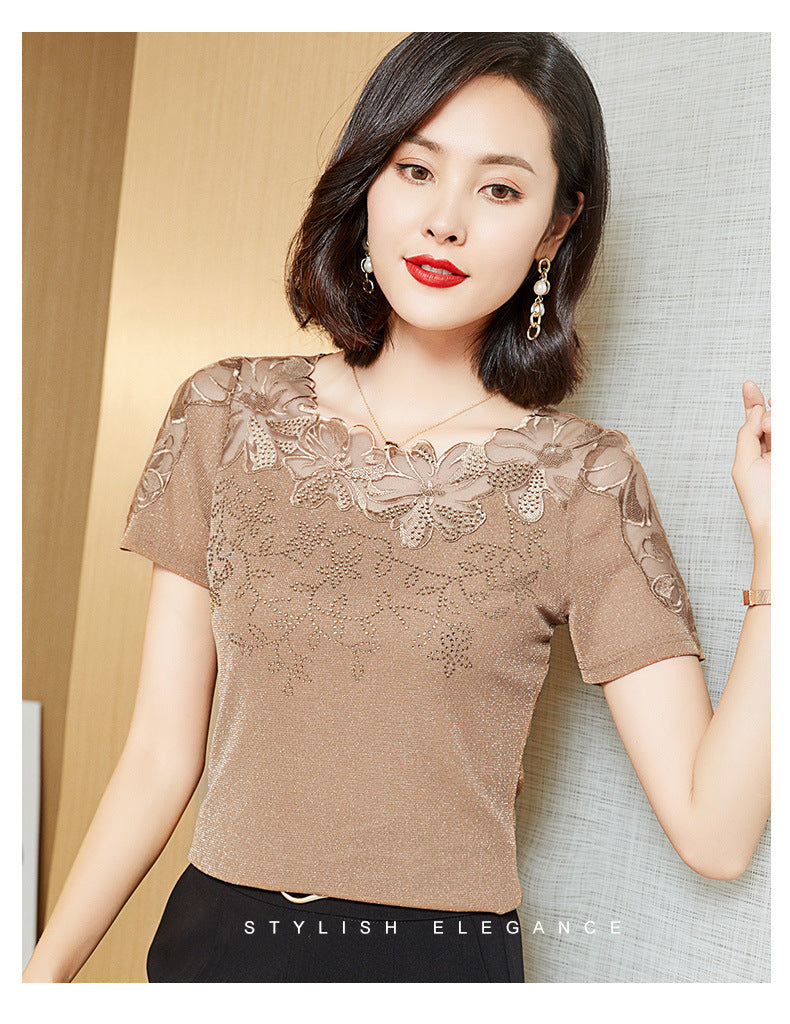 Summer New Lace Blouse, Stylish Diamond-Embroidered Short-Sleeved Women's Top, T-Shirt, Gauze Blouse
