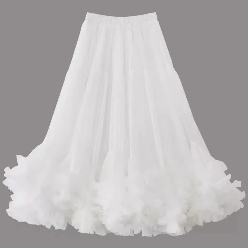 Autumn Heavy Industry Fungus Edge Splicing Large Hem Tutu Skirt High Waist A-Line Fairy Elegant Cake Skirt Mesh Skirt