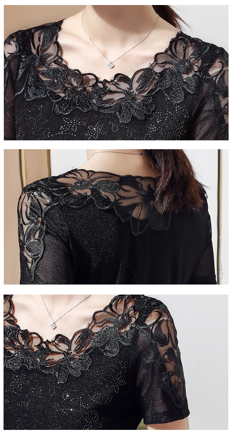 Summer New Lace Blouse, Stylish Diamond-Embroidered Short-Sleeved Women's Top, T-Shirt, Gauze Blouse