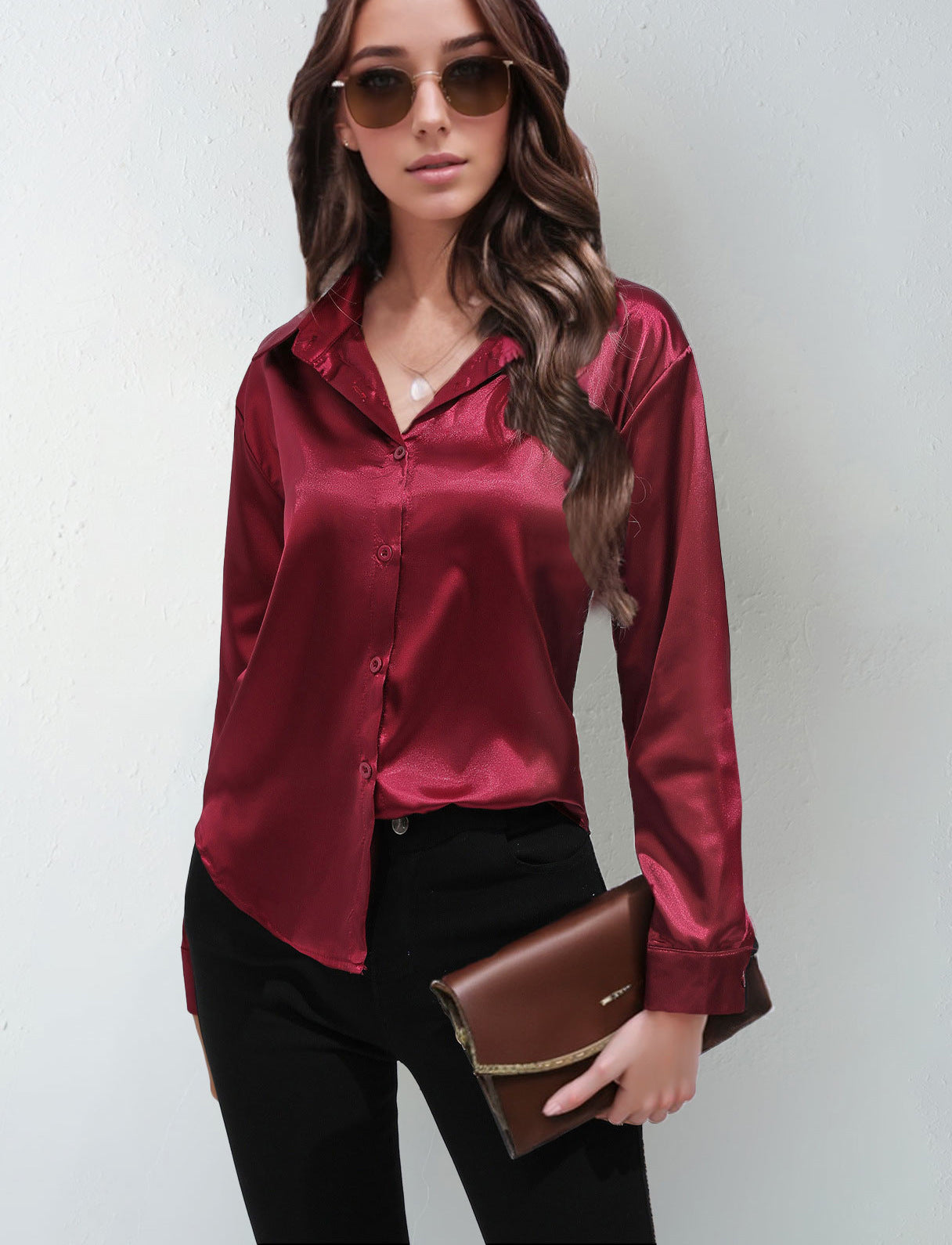 Satin Shirt Women's Satin Imitation Silk Long-Sleeved Amazon's Popular Solid Color Top Elegant Button-Down Lapel Shirt