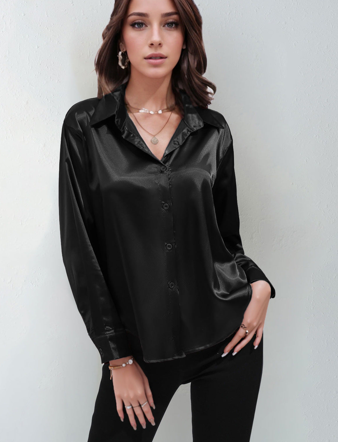 Satin Shirt Women's Satin Imitation Silk Long-Sleeved Amazon's Popular Solid Color Top Elegant Button-Down Lapel Shirt