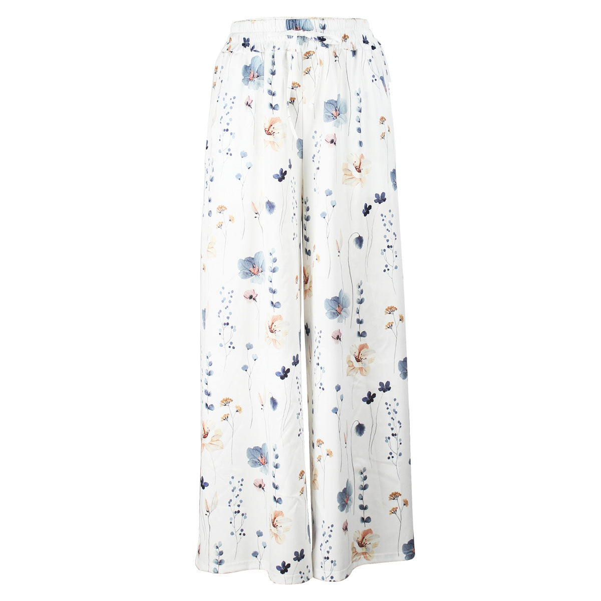 Cross-border Amazon European and American Spring and Autumn Flower Printed Casual Loose Pants Pocket Staggered Waist Elegant Wide Leg Pants