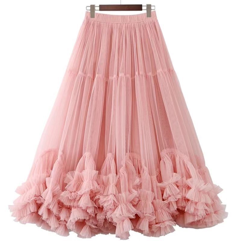 Autumn Heavy Industry Fungus Edge Splicing Large Hem Tutu Skirt High Waist A-Line Fairy Elegant Cake Skirt Mesh Skirt