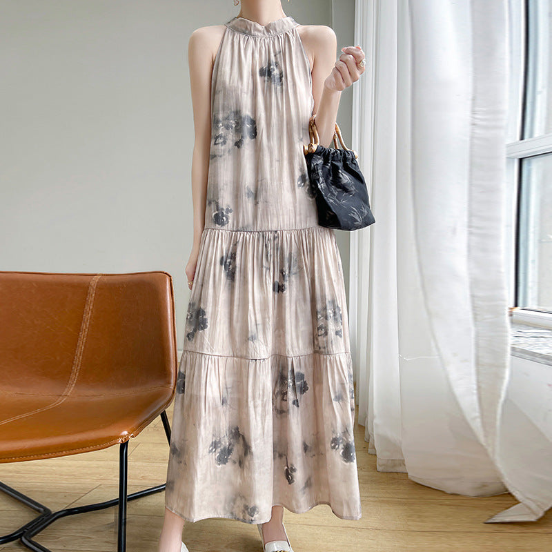 Summer Thin New Silk Satin Halterneck Dress with Sexy and Beautiful Back Lace-Up Vest Sleeveless Mulberry Silk