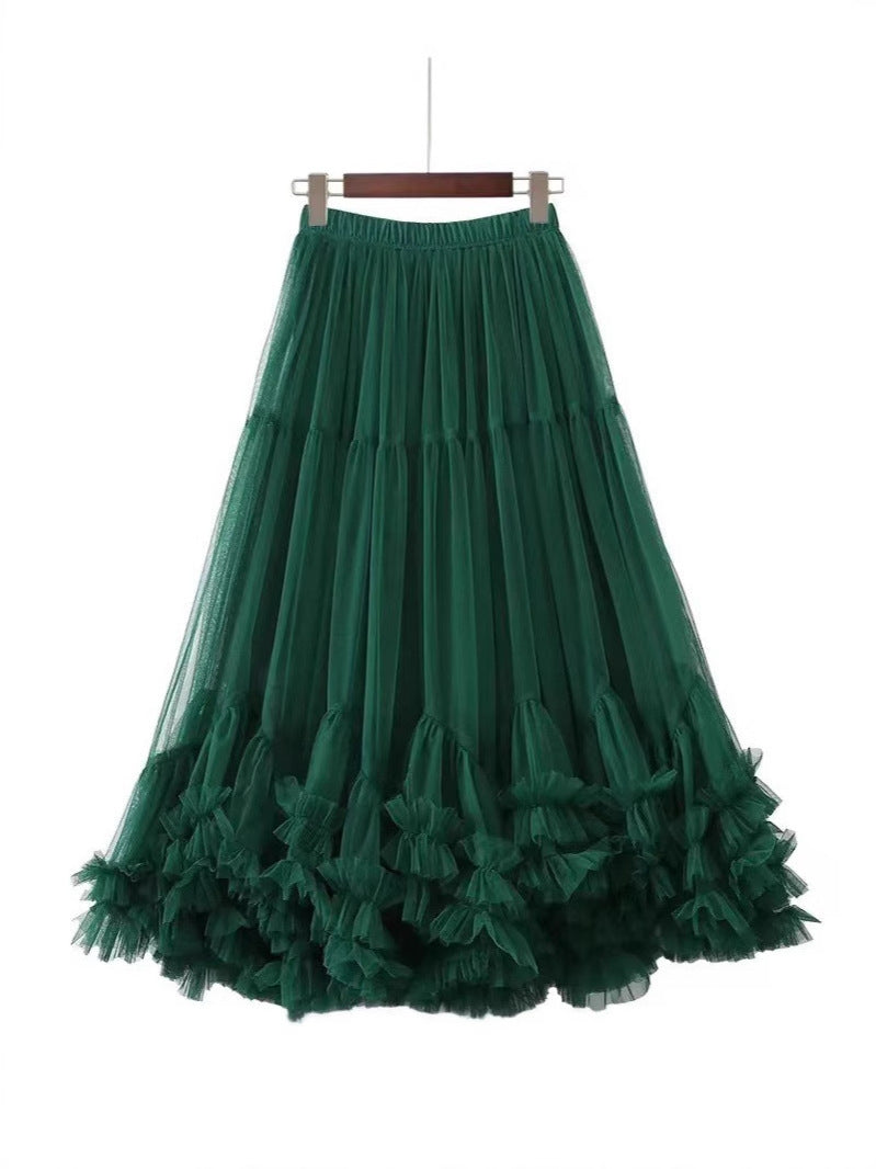 Autumn Heavy Industry Fungus Edge Splicing Large Hem Tutu Skirt High Waist A-Line Fairy Elegant Cake Skirt Mesh Skirt