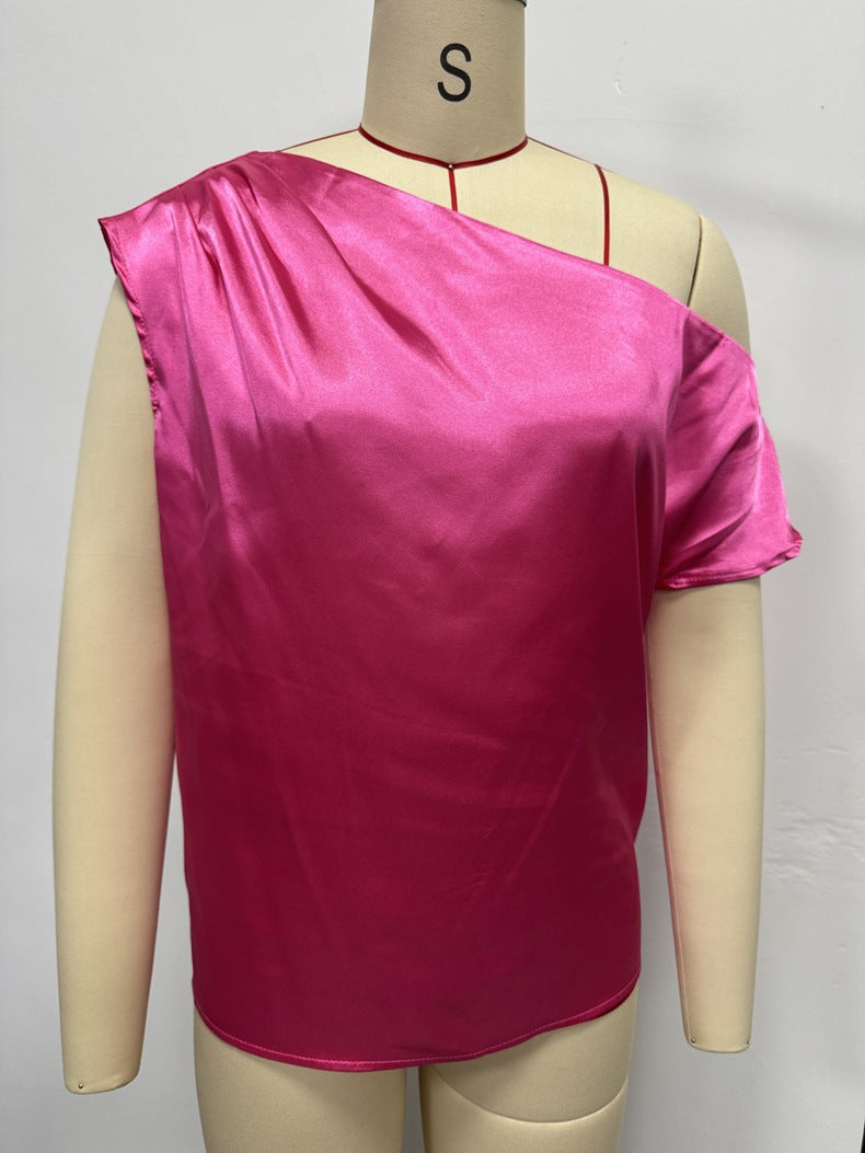 2026 Spring Solid Color Satin Imitation Silk Irregular Off-Shoulder One-Neck Pullover Sleeveless Shirt for Women European and American Fashion