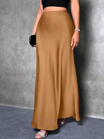 Foreign Trade Cross-Border Satin Skirt Spring and Summer New European and American Amazon Simple Imitation Silk Long Skirt Women's Clothing