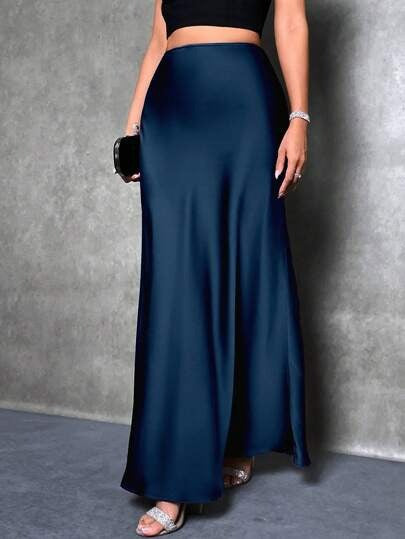 Foreign Trade Cross-Border Satin Skirt Spring and Summer New European and American Amazon Simple Imitation Silk Long Skirt Women's Clothing