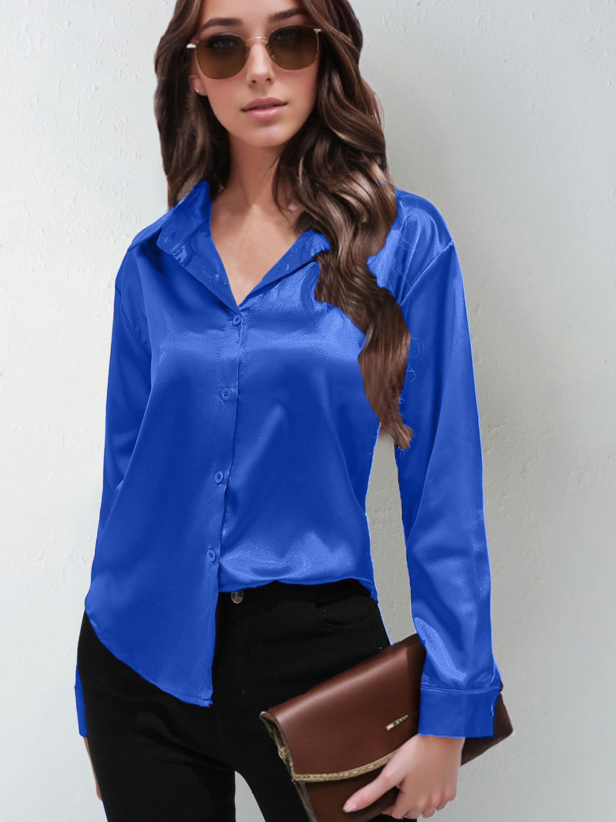 Satin Shirt Women's Satin Imitation Silk Long-Sleeved Amazon's Popular Solid Color Top Elegant Button-Down Lapel Shirt