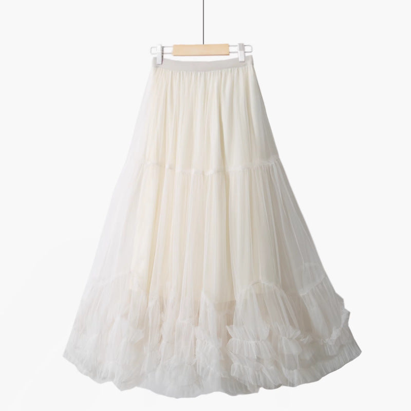 Autumn Heavy Industry Fungus Edge Splicing Large Hem Tutu Skirt High Waist A-Line Fairy Elegant Cake Skirt Mesh Skirt