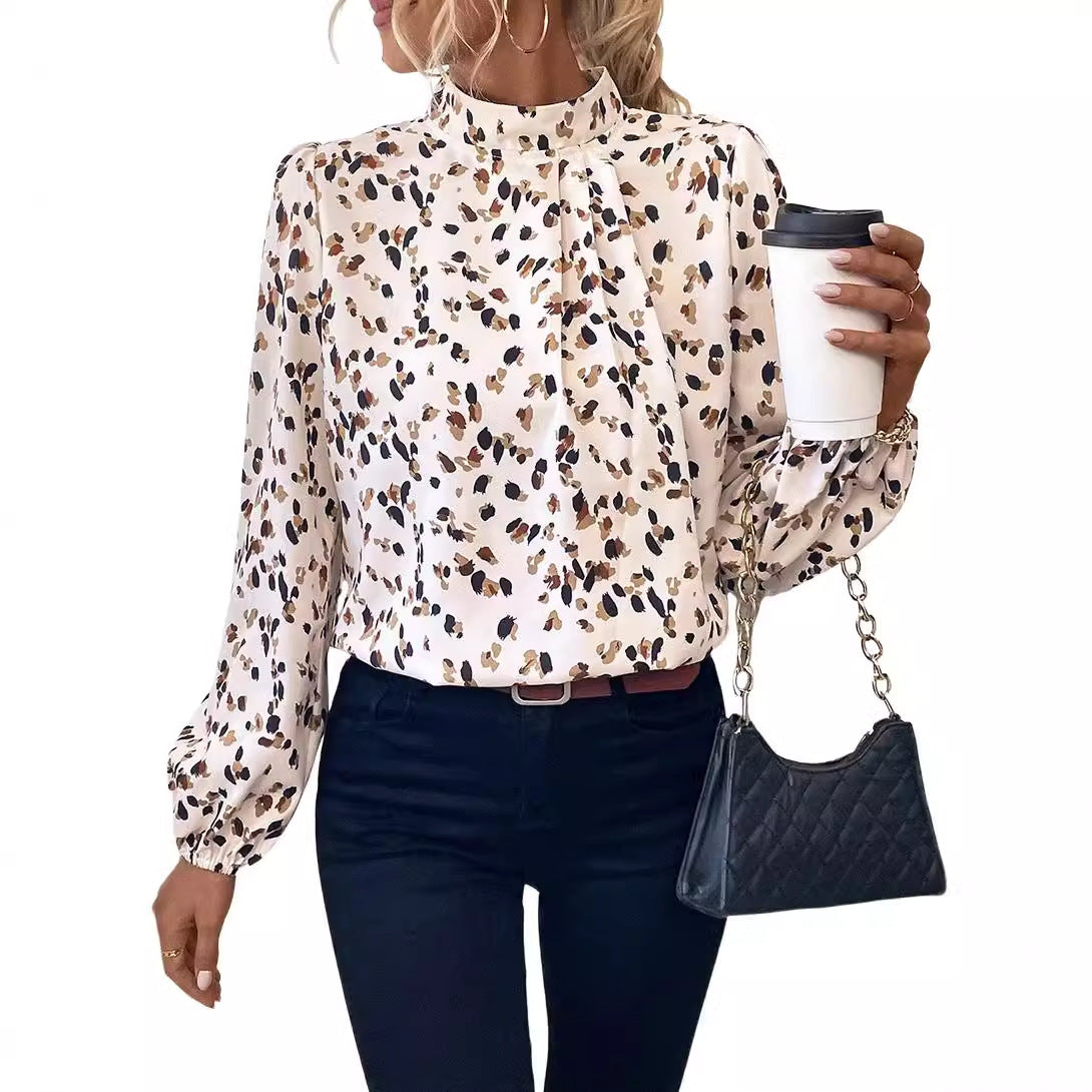 Trendy European and American Fashion Leopard Print Chiffon Blouse for Women Early Autumn New Stylish Commuter Stand Collar Long Sleeve Pullover Top