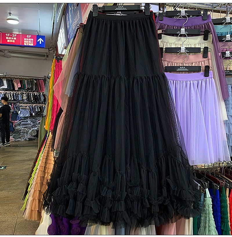 Autumn Heavy Industry Fungus Edge Splicing Large Hem Tutu Skirt High Waist A-Line Fairy Elegant Cake Skirt Mesh Skirt