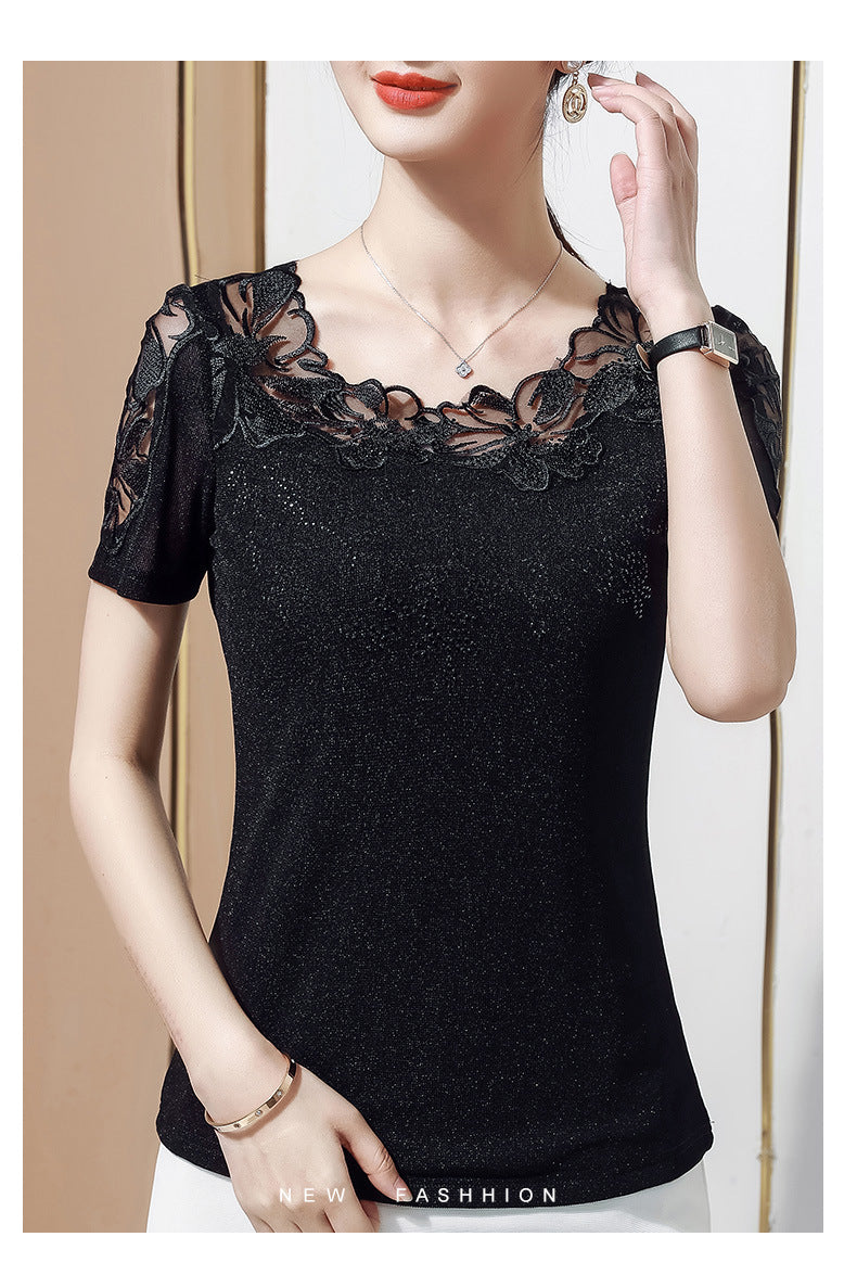 Summer New Lace Blouse, Stylish Diamond-Embroidered Short-Sleeved Women's Top, T-Shirt, Gauze Blouse
