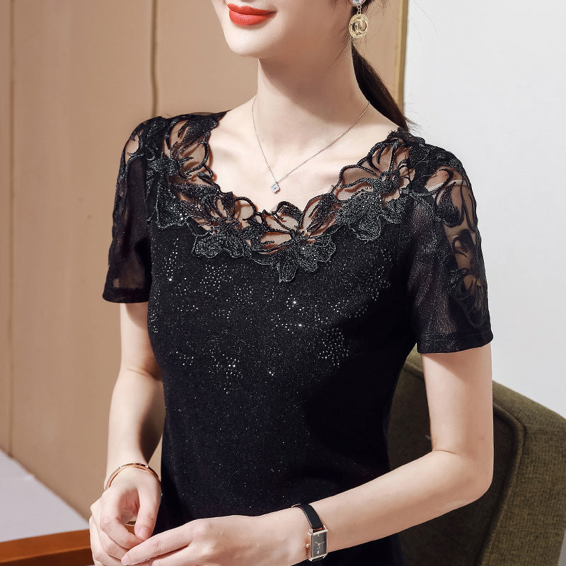 Summer New Lace Blouse, Stylish Diamond-Embroidered Short-Sleeved Women's Top, T-Shirt, Gauze Blouse
