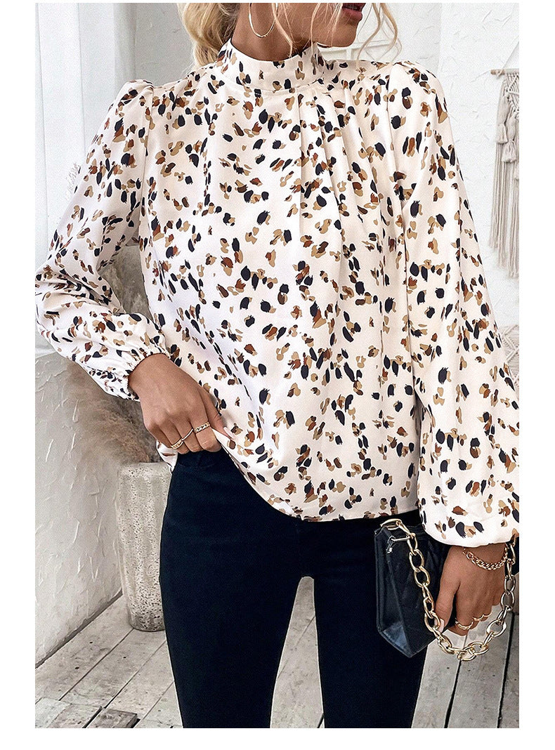 Trendy European and American Fashion Leopard Print Chiffon Blouse for Women Early Autumn New Stylish Commuter Stand Collar Long Sleeve Pullover Top