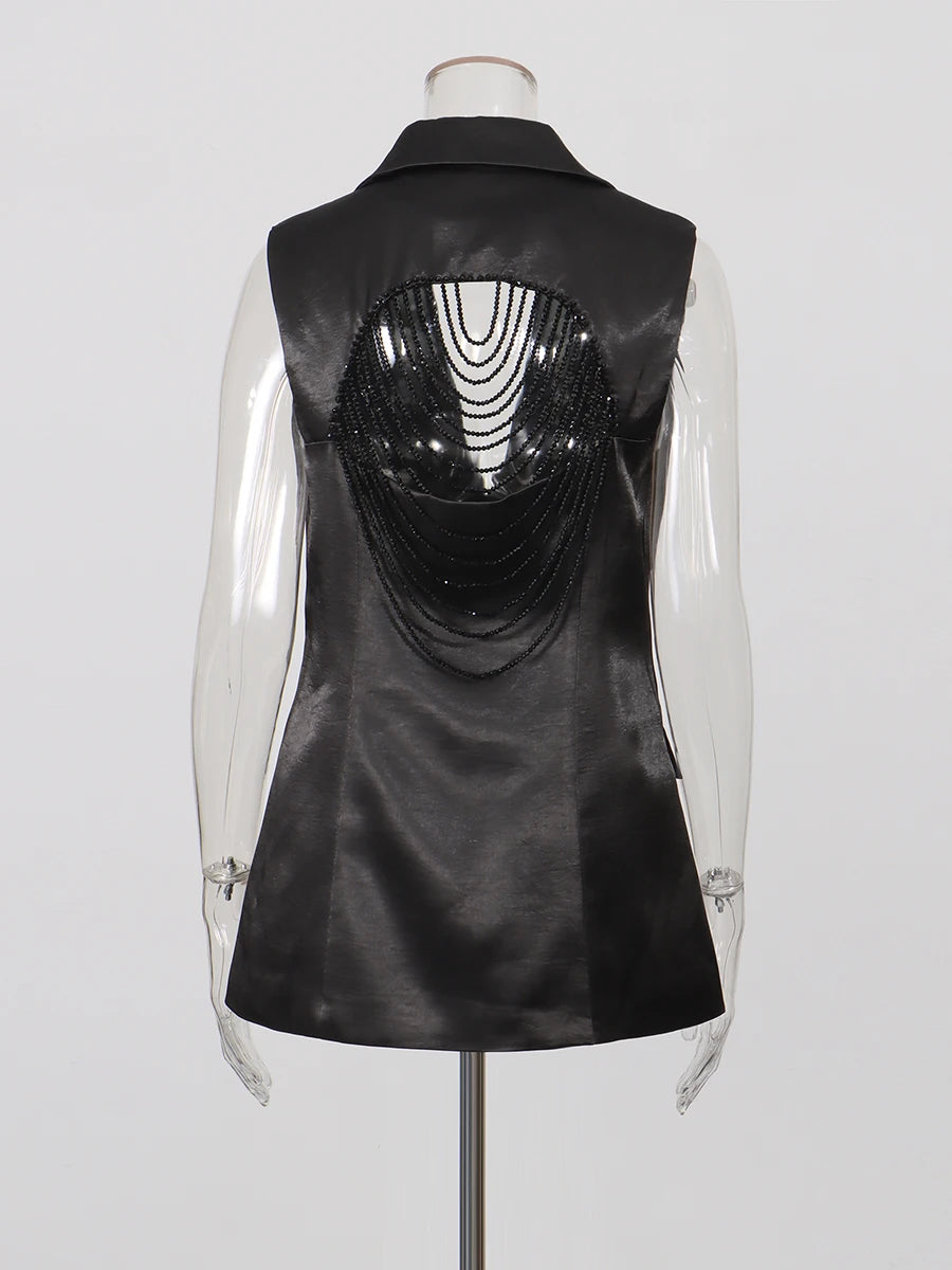 TWOTWINSTYLE Elegant White Cutout Back Sleeveless Blazer for Women Lapel Spliced Pearl Fashion Coat for Formal Office Commute