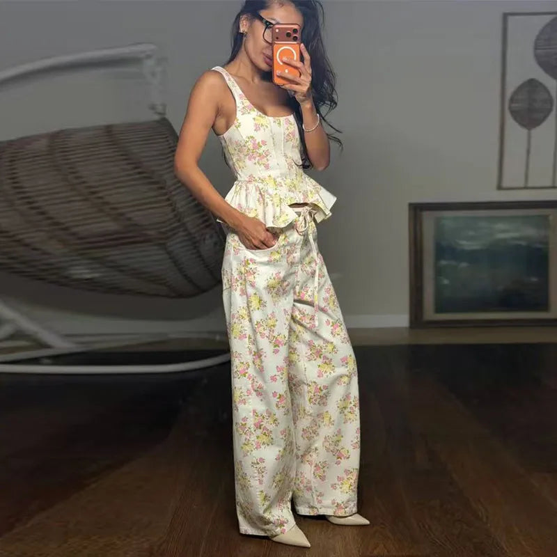 Floral Printed Women Long Pants Set Elegant Sleeveless Backless Vest Wide Leg Trousers Chic Holiday Vacation Lady Summer Outfits