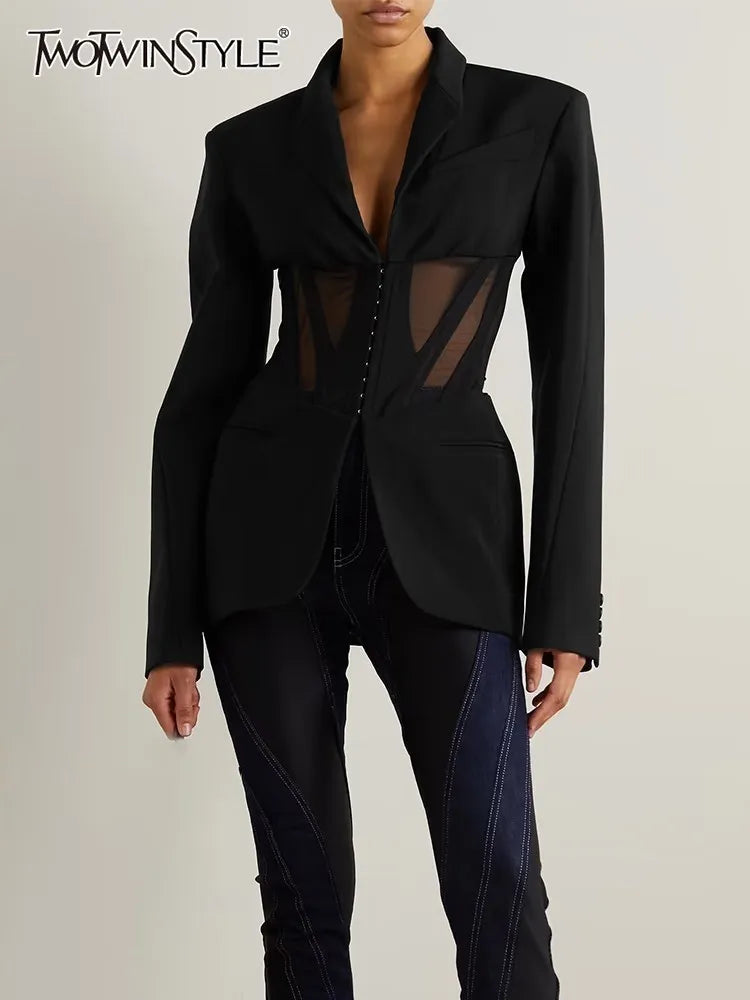 TWOTWINSTYLE Solid Spliced Sheer Mesh Blazers For Women Notched Collar Long Sleeve Tunic Patchwork Botton Blazer Female Fashion