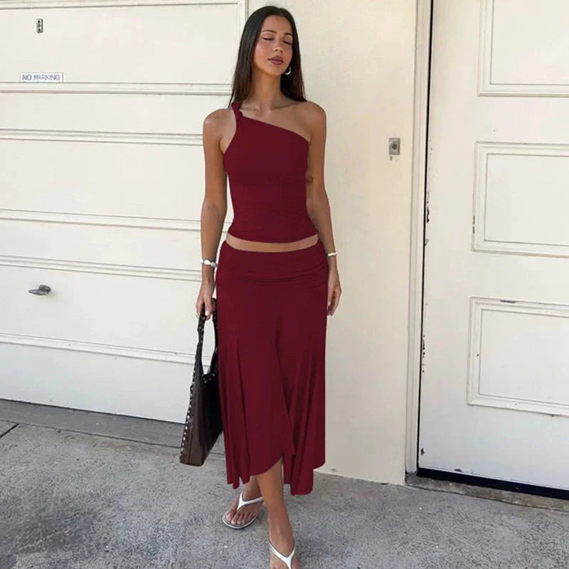 The Solène Pleated Off-Shoulder Skirt Set from the Everyday Luxe at Lavishly Me