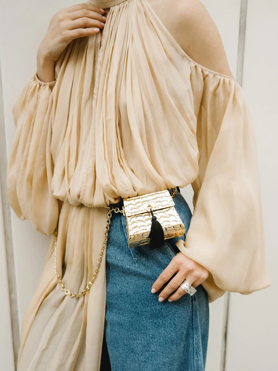 TWOTWINSTYLE Fashion Apricot Turtleneck Ruched Accent Blouse for Women Off The Shoulder Oversized Sleeve Top for Street Style
