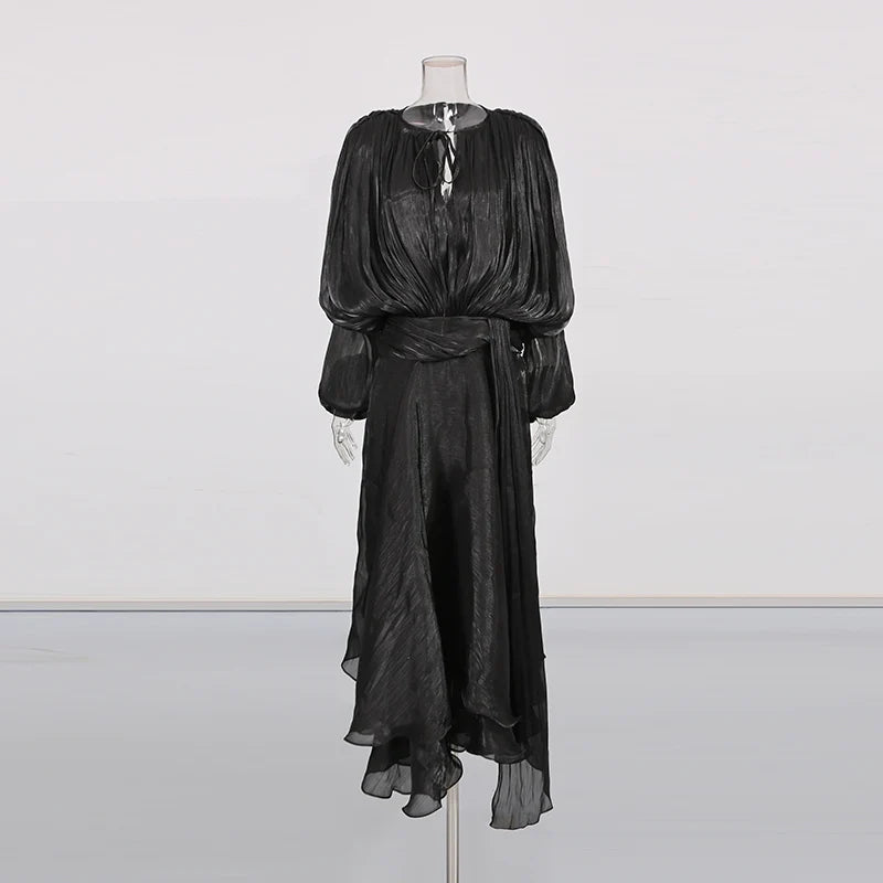 TWOTWINSTYLE Solid Loose Spliced Folds Elegant Dresses for Women Round Neck Long Sleeves Patchwork Lace Up Dress Female Fashion