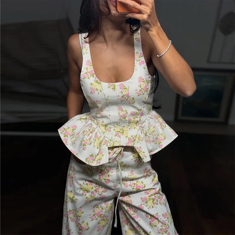 Floral Printed Women Long Pants Set Elegant Sleeveless Backless Vest Wide Leg Trousers Chic Holiday Vacation Lady Summer Outfits