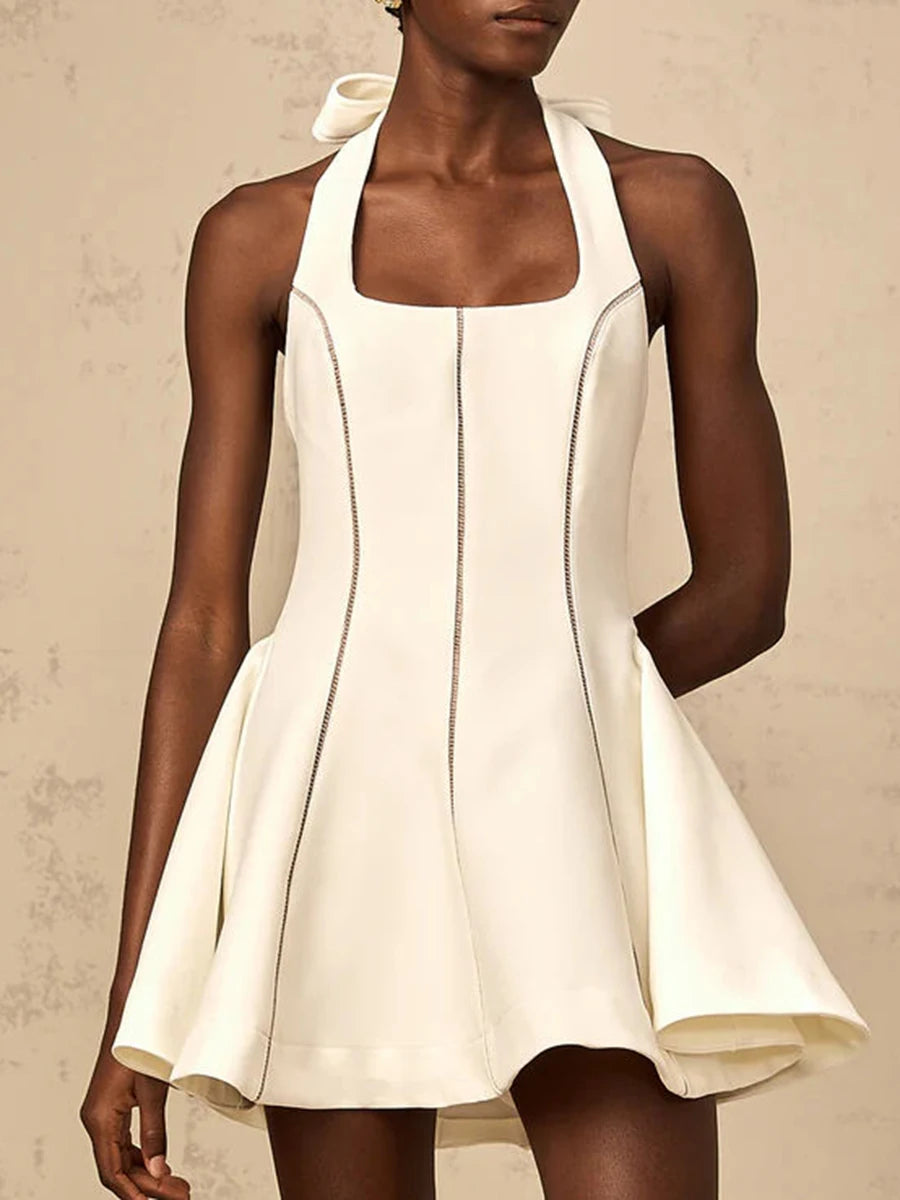 TWOTWINSTYLE Solid Slimming Fashion Mini Dresses for Women Halter Neck Sleeveless Patchwork Bow Tunic Elegant Dress Female New