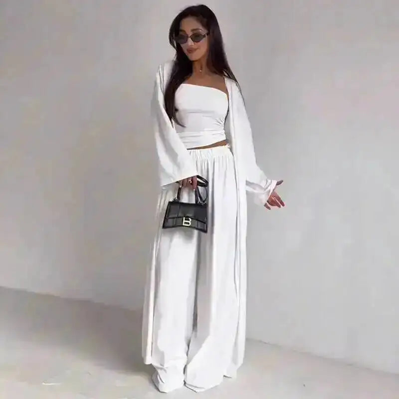 LGRQ Women's Clothing 2026 Summer New Casual Strapless Vest Long Cardigan Wide-Leg Pants Three-Piece Set
