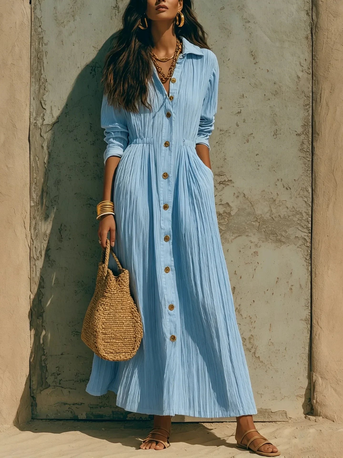 The Marais Pleated Button Maxi Dress from the Lavishly Me Edit at Lavishly Me