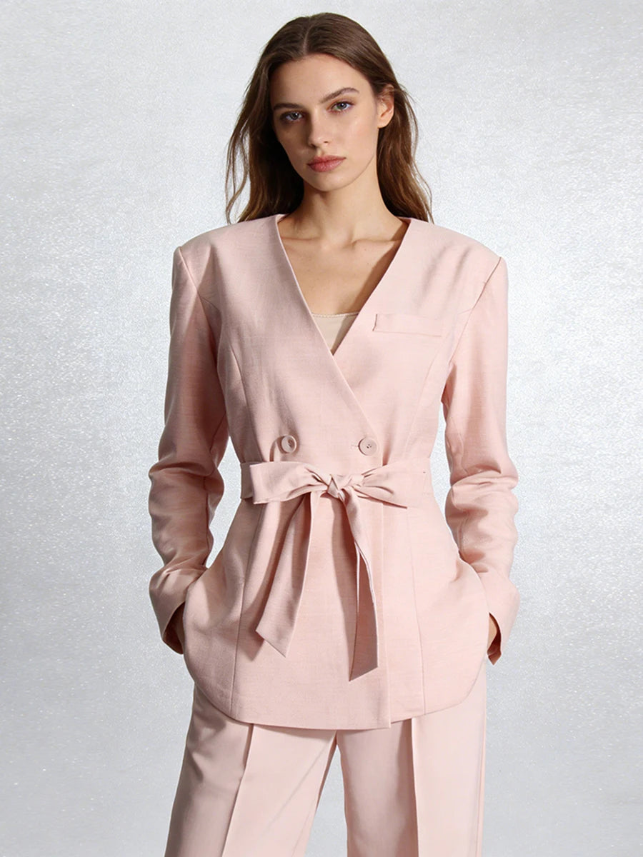 TWOTWINSTYLE Elegant Office Commute Bow Accent Pink Blazer for Women V Neck Double Breasted Design for Business Social Events