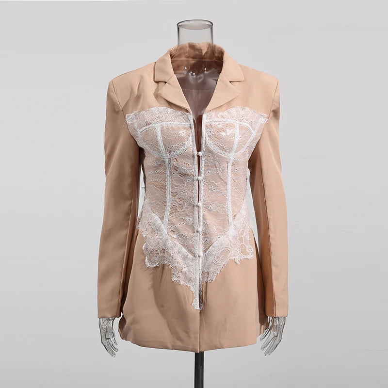 TWOTWINSTYLE Colorblock Temperament Spliced Lace Slimming Blazer for Women V Collar Long Sleeves Coat Female Fashion Clothing