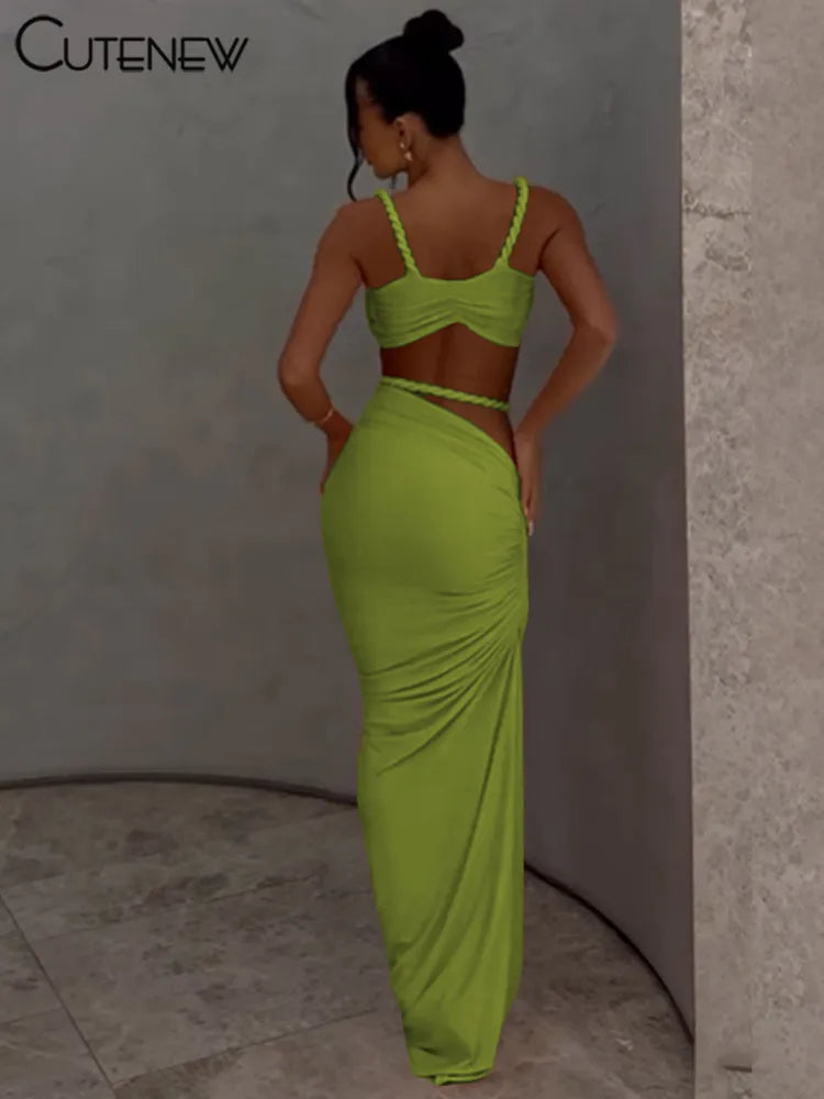 Cutenew Woven Matching Women 2 Piece Sexy Vacation Outfits Pleated Crop Camis+Shirring High Waist Maxi Skirts Solid Mujer Sets