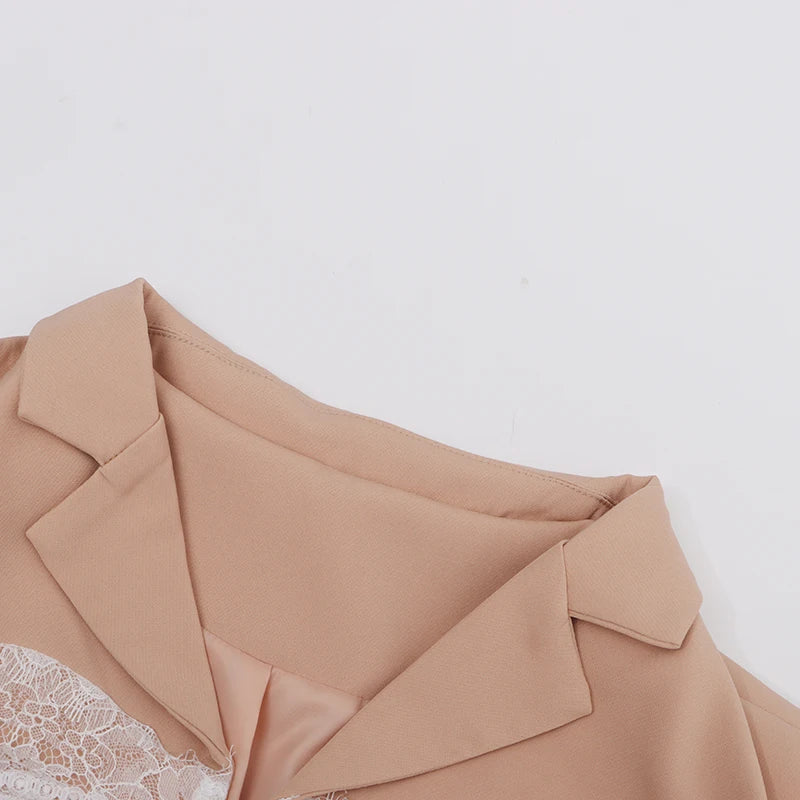 TWOTWINSTYLE Colorblock Temperament Spliced Lace Slimming Blazer for Women V Collar Long Sleeves Coat Female Fashion Clothing