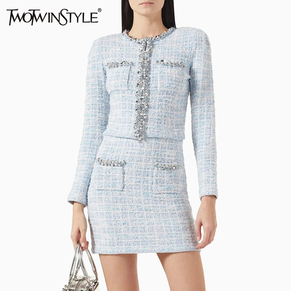 TWOTWINSTYLE Two Piece Sets for Women Round Neck Long Sleeves Spliced Diamonds Top High Waist Patchwork Pockets Skirt Female New