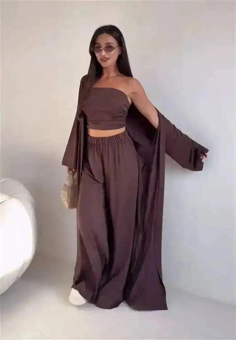 LGRQ Women's Clothing 2026 Summer New Casual Strapless Vest Long Cardigan Wide-Leg Pants Three-Piece Set
